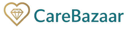 CareBazaar logo with a heart and diamond symbol on a white background