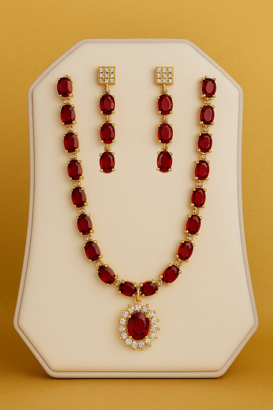 Ruby Rapture – Red Stone Bridal Necklace, Earrings Set ( Jewelry Set )