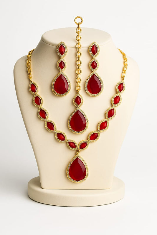 Scarlet Crown – Red Teardrop Necklace & Earrings Jewelry Set for Bridal & Festive Wear